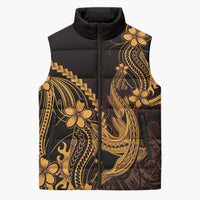 Gold Black Aloha Hawaii Sleeveless Puffer Jacket Polynesian Shark Tattoo With Plumeria - Polynesian Pride