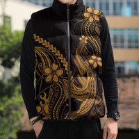 Gold Black Aloha Hawaii Sleeveless Puffer Jacket Polynesian Shark Tattoo With Plumeria - Polynesian Pride