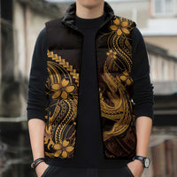 Gold Black Aloha Hawaii Sleeveless Puffer Jacket Polynesian Shark Tattoo With Plumeria - Polynesian Pride