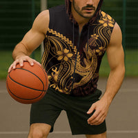 Gold Black Aloha Hawaii Sleeveless Zip Hoodie Polynesian Shark Tattoo With Plumeria - Polynesian Pride