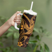 Gold Black Aloha Hawaii Tumbler With Handle Polynesian Shark Tattoo With Plumeria - Polynesian Pride