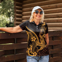 Gold Black Aloha Hawaii Women Polo Shirt Polynesian Shark Tattoo With Plumeria - Polynesian Pride