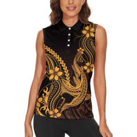 Gold Black Aloha Hawaii Women Sleeveless Polo Shirt Polynesian Shark Tattoo With Plumeria - Polynesian Pride