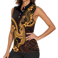 Gold Black Aloha Hawaii Women Sleeveless Polo Shirt Polynesian Shark Tattoo With Plumeria - Polynesian Pride