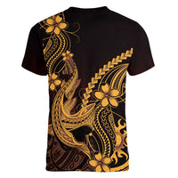 Gold Black Aloha Hawaii Women V-Neck T-Shirt Polynesian Shark Tattoo With Plumeria - Polynesian Pride