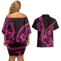 Pink Black Aloha Hawaii Couples Matching Off Shoulder Short Dress and Hawaiian Shirt Polynesian Shark Tattoo With Plumeria - Polynesian Pride