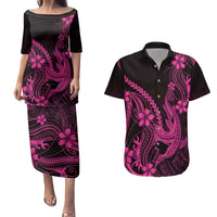 Pink Black Aloha Hawaii Couples Matching Puletasi and Hawaiian Shirt Polynesian Shark Tattoo With Plumeria LT14 Pink - Polynesian Pride
