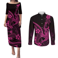 Pink Black Aloha Hawaii Couples Matching Puletasi and Long Sleeve Button Shirt Polynesian Shark Tattoo With Plumeria LT14 Pink - Polynesian Pride