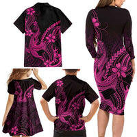 Pink Black Aloha Hawaii Family Matching Long Sleeve Bodycon Dress and Hawaiian Shirt Polynesian Shark Tattoo With Plumeria LT14 - Polynesian Pride
