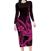 Pink Black Aloha Hawaii Family Matching Long Sleeve Bodycon Dress and Hawaiian Shirt Polynesian Shark Tattoo With Plumeria LT14 Mom's Dress Pink - Polynesian Pride