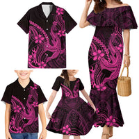 Pink Black Aloha Hawaii Family Matching Mermaid Dress and Hawaiian Shirt Polynesian Shark Tattoo With Plumeria - Polynesian Pride