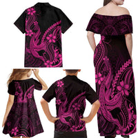 Pink Black Aloha Hawaii Family Matching Off Shoulder Maxi Dress and Hawaiian Shirt Polynesian Shark Tattoo With Plumeria - Polynesian Pride