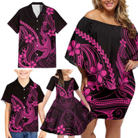 Pink Black Aloha Hawaii Family Matching Off Shoulder Short Dress and Hawaiian Shirt Polynesian Shark Tattoo With Plumeria - Polynesian Pride