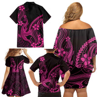 Pink Black Aloha Hawaii Family Matching Off Shoulder Short Dress and Hawaiian Shirt Polynesian Shark Tattoo With Plumeria LT14 - Polynesian Pride