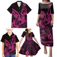 Pink Black Aloha Hawaii Family Matching Puletasi and Hawaiian Shirt Polynesian Shark Tattoo With Plumeria - Polynesian Pride