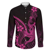 Pink Black Aloha Hawaii Family Matching Tank Maxi Dress and Hawaiian Shirt Polynesian Shark Tattoo With Plumeria LT14 Dad's Shirt - Long Sleeve Pink - Polynesian Pride