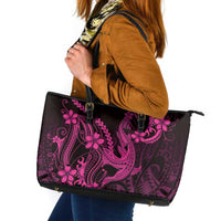 Pink Black Aloha Hawaii Leather Tote Bag Polynesian Shark Tattoo With Plumeria - Polynesian Pride