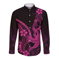 Pink Black Aloha Hawaii Long Sleeve Button Shirt Polynesian Shark Tattoo With Plumeria - Polynesian Pride