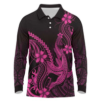 Pink Black Aloha Hawaii Long Sleeve Polo Shirt Polynesian Shark Tattoo With Plumeria - Polynesian Pride