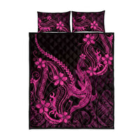 Pink Black Aloha Hawaii Quilt Bed Set Polynesian Shark Tattoo With Plumeria - Polynesian Pride