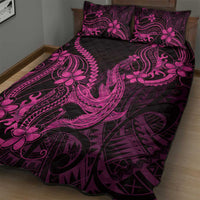 Pink Black Aloha Hawaii Quilt Bed Set Polynesian Shark Tattoo With Plumeria - Polynesian Pride