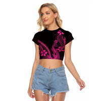 Pink Black Aloha Hawaii Raglan Cropped T Shirt Polynesian Shark Tattoo With Plumeria - Polynesian Pride
