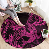 Pink Black Aloha Hawaii Round Carpet Polynesian Shark Tattoo With Plumeria - Polynesian Pride