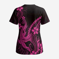 Pink Black Aloha Hawaii Scrub Top Polynesian Shark Tattoo With Plumeria - Polynesian Pride
