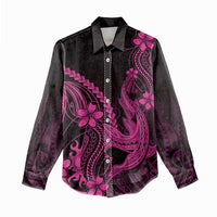 Pink Black Aloha Hawaii Women Casual Shirt Polynesian Shark Tattoo With Plumeria - Polynesian Pride