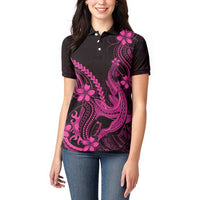 Pink Black Aloha Hawaii Women Polo Shirt Polynesian Shark Tattoo With Plumeria - Polynesian Pride