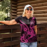 Pink Black Aloha Hawaii Women Polo Shirt Polynesian Shark Tattoo With Plumeria - Polynesian Pride