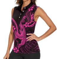 Pink Black Aloha Hawaii Women Sleeveless Polo Shirt Polynesian Shark Tattoo With Plumeria - Polynesian Pride