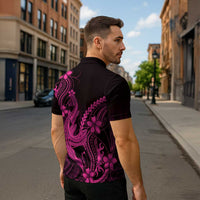 Pink Black Aloha Hawaii Zipper Polo Shirt Polynesian Shark Tattoo With Plumeria - Polynesian Pride
