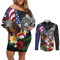 United States and American Samoa Couples Matching Off Shoulder Short Dress and Long Sleeve Button Shirt USA Flag Eagle With Seal Tropical Flowers LT14 Black - Polynesian Pride