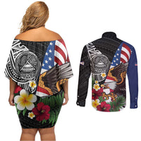 United States and American Samoa Couples Matching Off Shoulder Short Dress and Long Sleeve Button Shirt USA Flag Eagle With Seal Tropical Flowers LT14 - Polynesian Pride