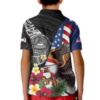 United States and American Samoa Kid Polo Shirt USA Flag Eagle With Seal Tropical Flowers LT14 - Polynesian Pride