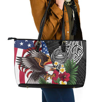United States and American Samoa Leather Tote Bag USA Flag Eagle With Seal Tropical Flowers