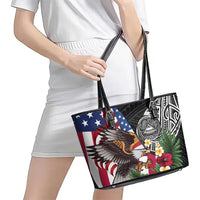 United States and American Samoa Leather Tote Bag USA Flag Eagle With Seal Tropical Flowers