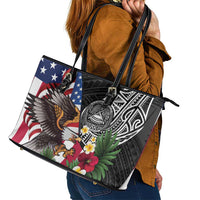 United States and American Samoa Leather Tote Bag USA Flag Eagle With Seal Tropical Flowers