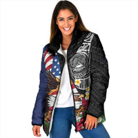 United States and American Samoa Padded Jacket USA Flag Eagle With Seal Tropical Flowers