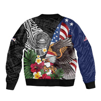 United States and American Samoa Sleeve Zip Bomber Jacket USA Flag Eagle With Seal Tropical Flowers