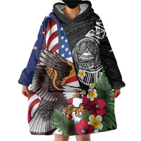United States and American Samoa Wearable Blanket Hoodie USA Flag Eagle With Seal Tropical Flowers LT14 - Polynesian Pride