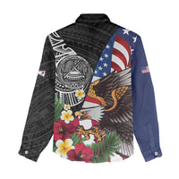 United States and American Samoa Women Casual Shirt USA Flag Eagle With Seal Tropical Flowers LT14 - Polynesian Pride