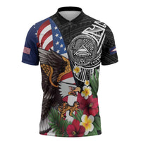 United States and American Samoa Zipper Polo Shirt USA Flag Eagle With Seal Tropical Flowers LT14 Black - Polynesian Pride