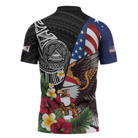United States and American Samoa Zipper Polo Shirt USA Flag Eagle With Seal Tropical Flowers LT14 - Polynesian Pride