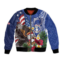 United States and Northern Mariana Islands Bomber Jacket USA Flag Eagle CNMI Latte Stone Tropical Flowers