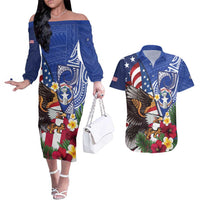 United States and Northern Mariana Islands Couples Matching Off The Shoulder Long Sleeve Dress and Hawaiian Shirt USA Flag Eagle CNMI Latte Stone Tropical Flowers