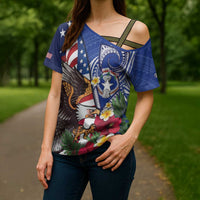 United States and Northern Mariana Islands Cross Shoulder Shirt USA Flag Eagle CNMI Latte Stone Tropical Flowers LT14 - Polynesian Pride