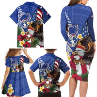 United States and Northern Mariana Islands Family Matching Long Sleeve Bodycon Dress and Hawaiian Shirt USA Flag Eagle CNMI Latte Stone Tropical Flowers LT14 - Polynesian Pride
