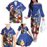 United States and Northern Mariana Islands Family Matching Off The Shoulder Long Sleeve Dress and Hawaiian Shirt USA Flag Eagle CNMI Latte Stone Tropical Flowers